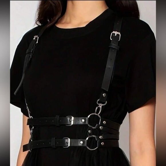 PU Leather Suspender Circle Buckle Harness Belt - Picture 1 of 10